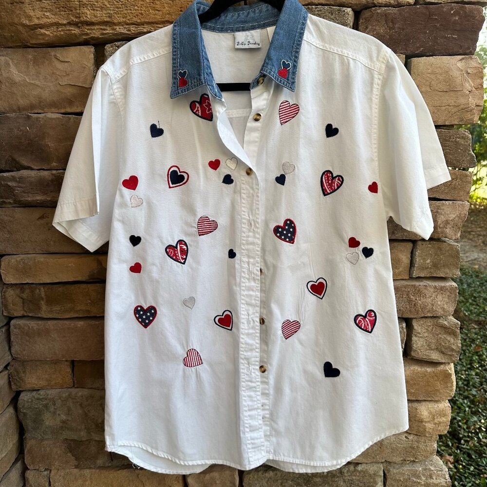 Vintage Bobbie Brooks White Button Down with Hearts Size L